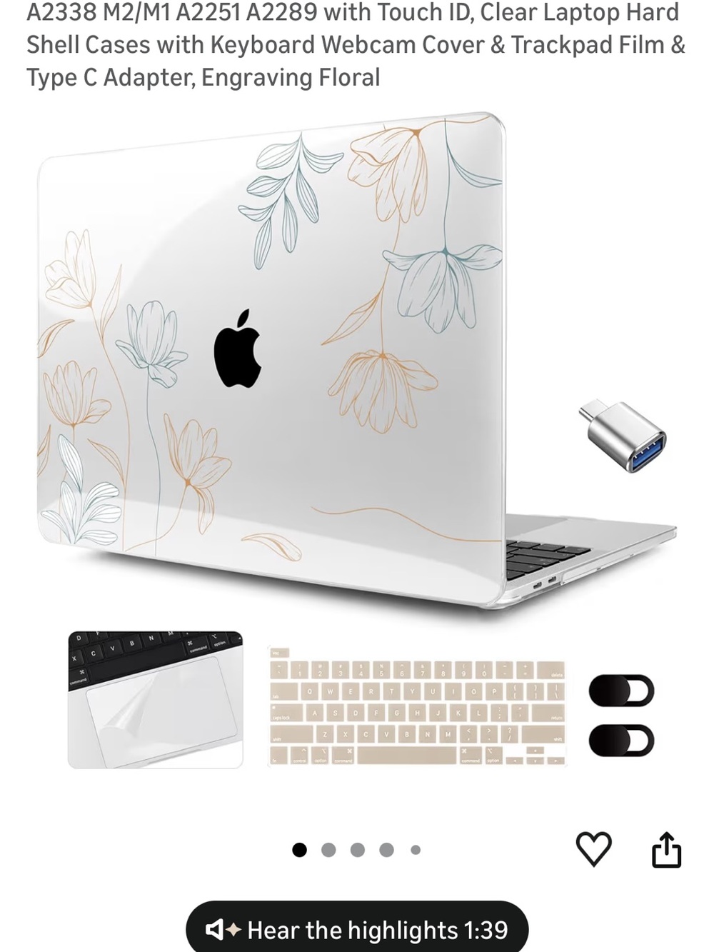 Clear Floral Engraving MacBook Case 13 inch with Keyboard Cover